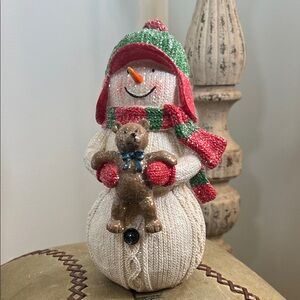 Festive Snowman Figurine with Bear - Red, Green, Cream